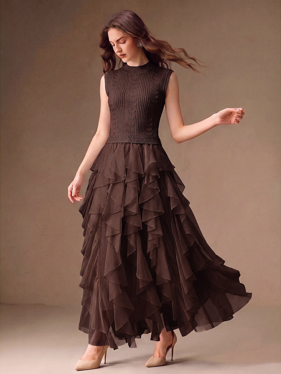 Women's New Sleeveless Knit Crochet Patchwork Multi-Layer Ruffle Hem Romantic Elegant Long Dress