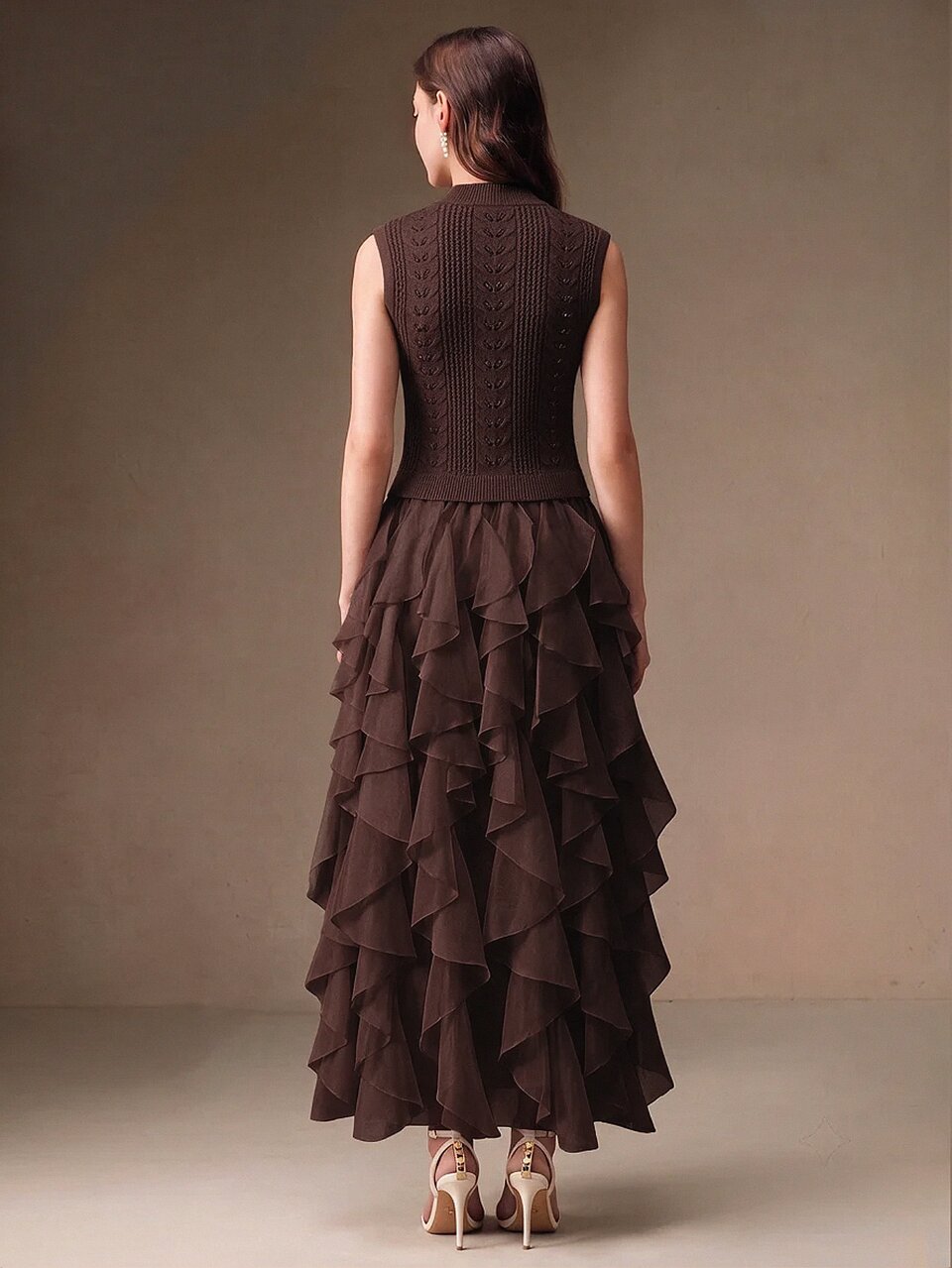 Women's New Sleeveless Knit Crochet Patchwork Multi-Layer Ruffle Hem Romantic Elegant Long Dress