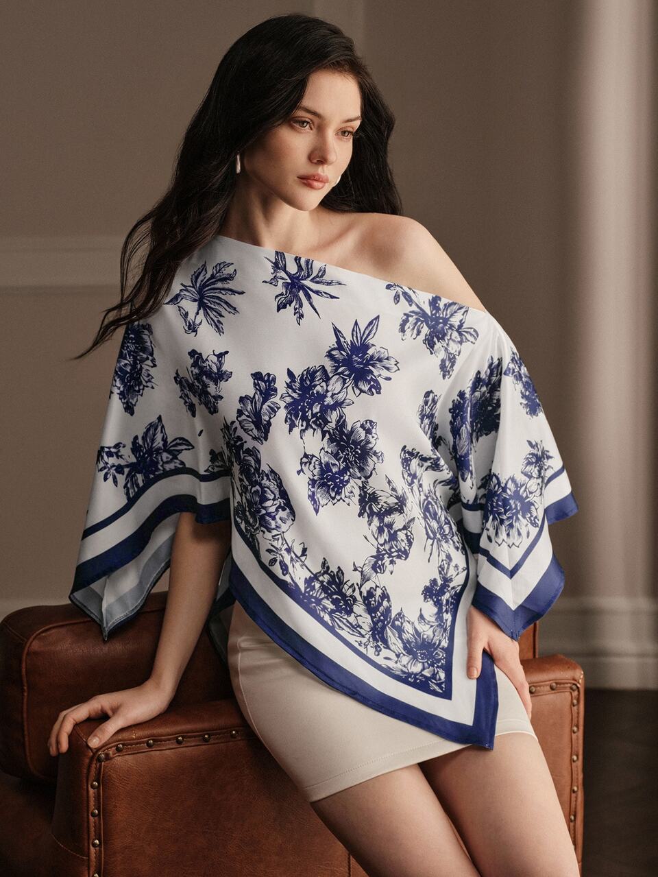 Women's Elegant Navy White Floral Print Asymmetric Neck Top, Casual Romantic Fall Top For Brunch Tea Party Outfits