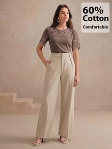 Anewsta Women's Short Sleeve T-Shirt With Hollow Lace Patchwork On Chest And Sleeves, Knitted Fabric, Commuter Casual - Brown - View 7