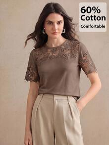 Anewsta Women's Short Sleeve T-Shirt With Hollow Lace Patchwork On Chest And Sleeves, Knitted Fabric, Commuter Casual - Brown - View 4