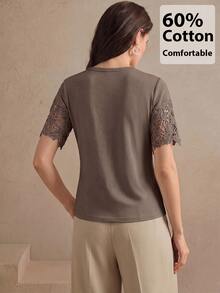 Anewsta Women's Short Sleeve T-Shirt With Hollow Lace Patchwork On Chest And Sleeves, Knitted Fabric, Commuter Casual - Brown - View 2