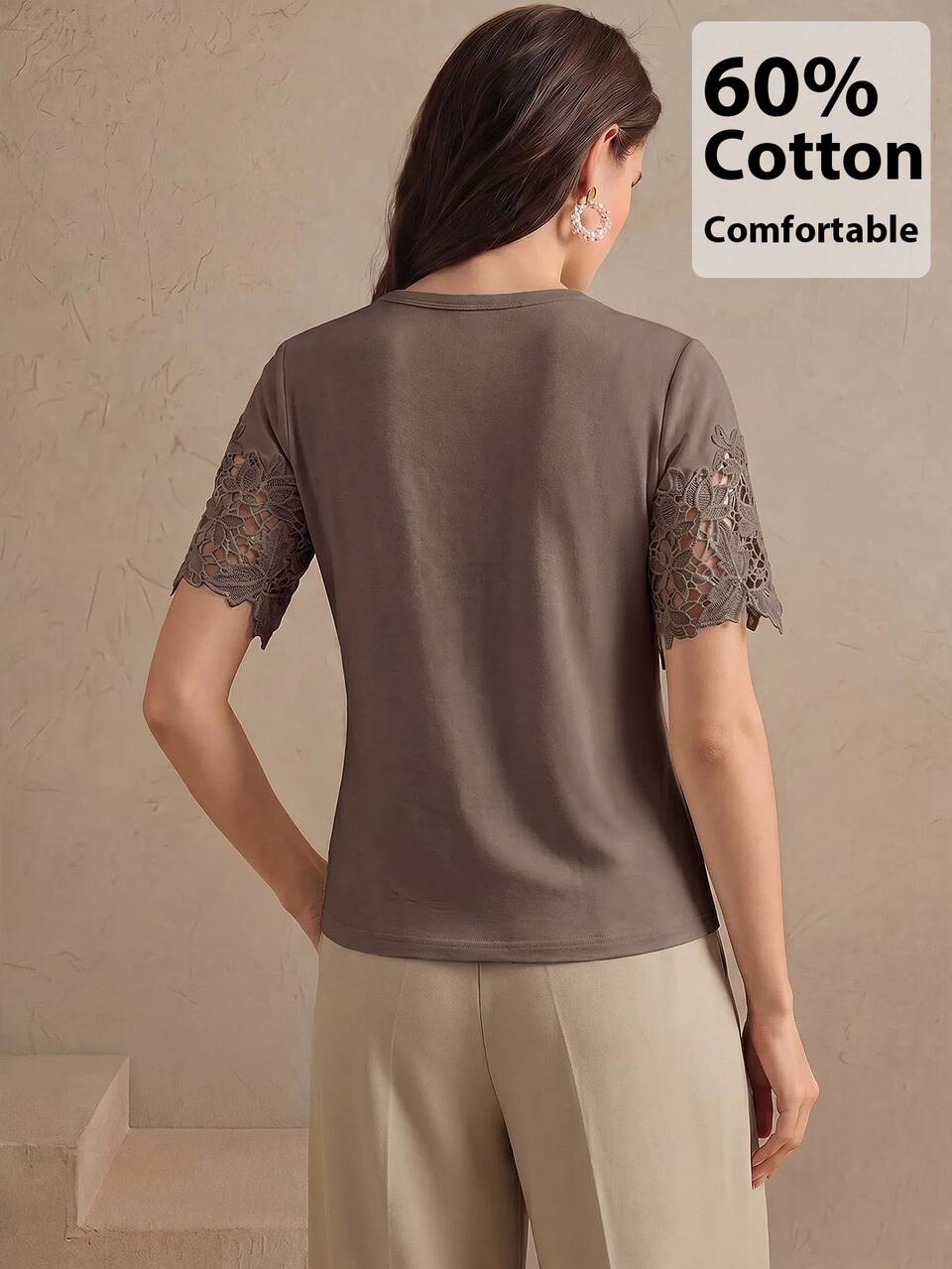 Anewsta Women's Short Sleeve T-Shirt With Hollow Lace Patchwork On Chest And Sleeves, Knitted Fabric, Commuter Casual