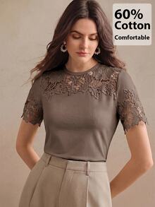 Anewsta Women's Short Sleeve T-Shirt With Hollow Lace Patchwork On Chest And Sleeves, Knitted Fabric, Commuter Casual - Brown - View 3