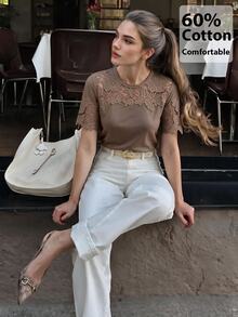 Anewsta Women's Short Sleeve T-Shirt With Hollow Lace Patchwork On Chest And Sleeves, Knitted Fabric, Commuter Casual - Brown - View 1