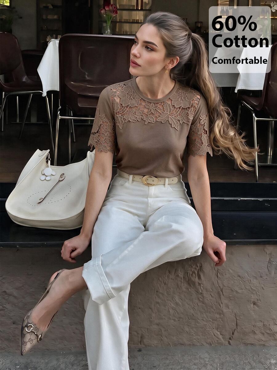 Anewsta Women's Short Sleeve T-Shirt With Hollow Lace Patchwork On Chest And Sleeves, Knitted Fabric, Commuter Casual - Brown - View 1