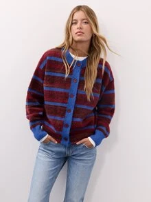 Nöista Burgundy And Blue Striped Knit Cardigan With Round Neckline, Button Front Closure, Long Sleeves. Sweater, Fall, Winter, College, Warm, Halloween. - Burgundy - View 3