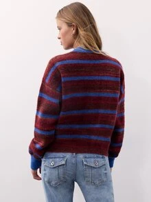 Nöista Burgundy And Blue Striped Knit Cardigan With Round Neckline, Button Front Closure, Long Sleeves. Sweater, Fall, Winter, College, Warm, Halloween. - Burgundy - View 8