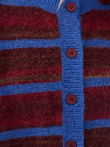 Nöista Burgundy And Blue Striped Knit Cardigan With Round Neckline, Button Front Closure, Long Sleeves. Sweater, Fall, Winter, College, Warm, Halloween. - Burgundy - View 9