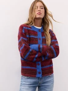 Nöista Burgundy And Blue Striped Knit Cardigan With Round Neckline, Button Front Closure, Long Sleeves. Sweater, Fall, Winter, College, Warm, Halloween. - Burgundy - View 5