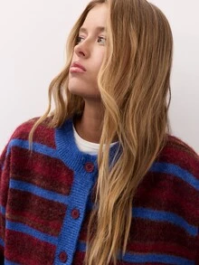 Nöista Burgundy And Blue Striped Knit Cardigan With Round Neckline, Button Front Closure, Long Sleeves. Sweater, Fall, Winter, College, Warm, Halloween. - Burgundy - View 7