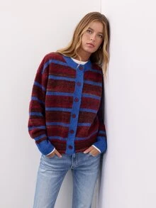 Nöista Burgundy And Blue Striped Knit Cardigan With Round Neckline, Button Front Closure, Long Sleeves. Sweater, Fall, Winter, College, Warm, Halloween. - Burgundy - View 4