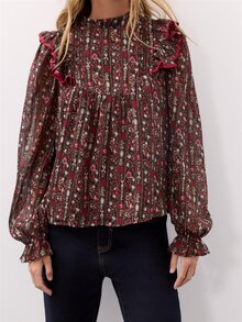 Nöista Floral Print Ruffled Blouse.Rustic,French. Sweet,Playful, Cute,Casual, Suitable For Everyday Wear, Dates,Commuting.Fall Winter,Going Out - Coffee Brown - View 2