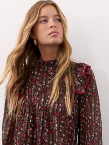 Nöista Floral Print Ruffled Blouse.Rustic,French. Sweet,Playful, Cute,Casual, Suitable For Everyday Wear, Dates,Commuting.Fall Winter,Going Out - Coffee Brown - View 6