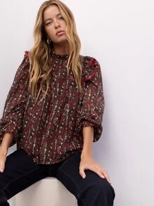 Nöista Floral Print Ruffled Blouse.Rustic,French. Sweet,Playful, Cute,Casual, Suitable For Everyday Wear, Dates,Commuting.Fall Winter,Going Out - Coffee Brown - View 4