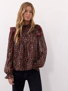 Nöista Floral Print Ruffled Blouse.Rustic,French. Sweet,Playful, Cute,Casual, Suitable For Everyday Wear, Dates,Commuting.Fall Winter,Going Out - Coffee Brown - View 3