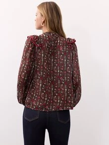 Nöista Floral Print Ruffled Blouse.Rustic,French. Sweet,Playful, Cute,Casual, Suitable For Everyday Wear, Dates,Commuting.Fall Winter,Going Out - Coffee Brown - View 5