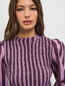 Nöista Purple Striped Elasticated Pleated Top,French Elegance,Fitted, Ruffles,Comfortable,Perfect Everyday.Wardrobe  Elegant,Vintage-Chic Woman,Fall Winter - Purple - View 4