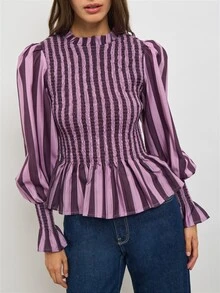 Nöista Purple Striped Elasticated Pleated Top,French Elegance,Fitted, Ruffles,Comfortable,Perfect Everyday.Wardrobe  Elegant,Vintage-Chic Woman,Fall Winter - Purple - View 2