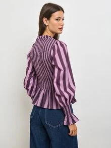 Nöista Purple Striped Elasticated Pleated Top,French Elegance,Fitted, Ruffles,Comfortable,Perfect Everyday.Wardrobe  Elegant,Vintage-Chic Woman,Fall Winter - Purple - View 3