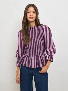 Nöista Purple Striped Elasticated Pleated Top,French Elegance,Fitted, Ruffles,Comfortable,Perfect Everyday.Wardrobe  Elegant,Vintage-Chic Woman,Fall Winter - Purple - View 5