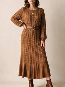 Linhara CURVE Plus Size Women's Lantern Sleeve Round Neck Pullover Knit Sweater Dress, Casual And Comfortable - Brown - View 3