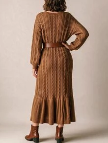 Linhara CURVE Plus Size Women's Lantern Sleeve Round Neck Pullover Knit Sweater Dress, Casual And Comfortable - Brown - View 7