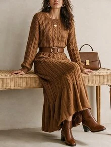 Linhara CURVE Plus Size Women's Lantern Sleeve Round Neck Pullover Knit Sweater Dress, Casual And Comfortable - Brown - View 1