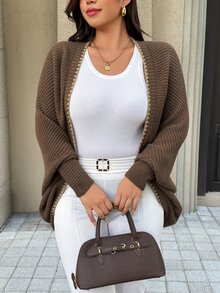 Easura Cardigan Lengan Kelelawar Longgar Ukuran Besar untuk Kasual dan Perjalanan Musim Gugur - Coklat - View 6