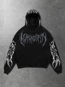 ROMWE MEN Street Life Teen Boy Gothic Sweatshirt With Oversized Skull And Cross Print, Punk Metal Dark Style, Casual Streetwear For Teen Boy Y2K Style - Black - View 2