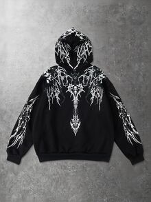 ROMWE MEN Street Life Teen Boy Gothic Sweatshirt With Oversized Skull And Cross Print, Punk Metal Dark Style, Casual Streetwear For Teen Boy Y2K Style - Black - View 3