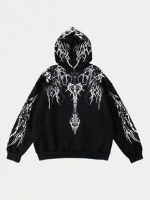 ROMWE MEN Street Life Teen Boy Gothic Sweatshirt With Oversized Skull And Cross Print, Punk Metal Dark Style, Casual Streetwear For Teen Boy Y2K Style - Black - View 1