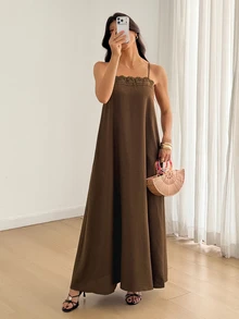 SHEIN Tall Tall Women's Brown Linen A-Line Maxi Slip Dress With Lace Paneling - Brown - View 4