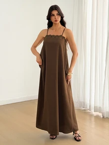SHEIN Tall Tall Women's Brown Linen A-Line Maxi Slip Dress With Lace Paneling - Brown - View 6