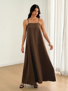 SHEIN Tall Tall Women's Brown Linen A-Line Maxi Slip Dress With Lace Paneling - Brown - View 9