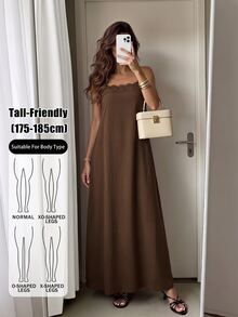 SHEIN Tall Tall Women's Brown Linen A-Line Maxi Slip Dress With Lace Paneling - Brown - View 1