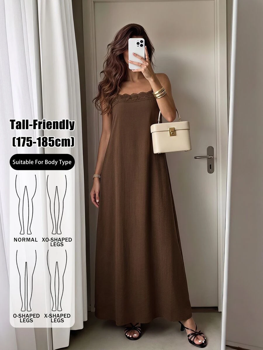 SHEIN Tall Tall Women's Brown Linen A-Line Maxi Slip Dress With Lace Paneling - Brown - View 1