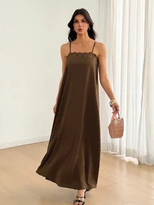 SHEIN Tall Tall Women's Brown Linen A-Line Maxi Slip Dress With Lace Paneling - Brown - View 3