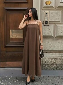 SHEIN Tall Tall Women's Brown Linen A-Line Maxi Slip Dress With Lace Paneling - Brown - View 10