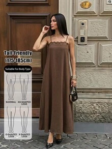 SHEIN Tall Tall Women's Brown Linen A-Line Maxi Slip Dress With Lace Paneling - Brown - View 5