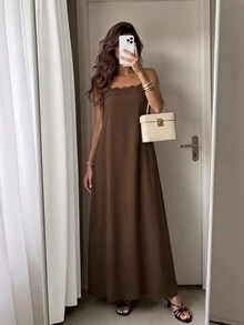 SHEIN Tall Tall Women's Brown Linen A-Line Maxi Slip Dress With Lace Paneling - Brown - View 7