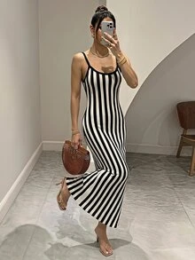 SHEIN PETITE 黑白條紋細肩帶針織洋裝，休閒法式優雅風，適合秋季度假與早午餐 - 黑與白 - 查看 9