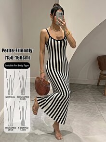 SHEIN PETITE 黑白條紋細肩帶針織洋裝，休閒法式優雅風，適合秋季度假與早午餐 - 黑與白 - 查看 1