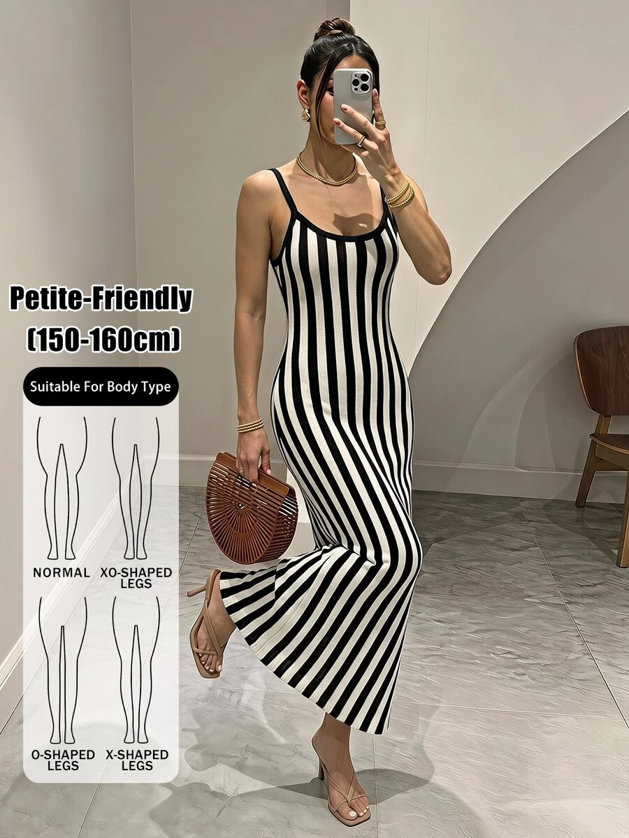 SHEIN PETITE 黑白條紋細肩帶針織洋裝,休閒法式優雅風,適合秋季度假與早午餐 - 黑與白 - 查看 1