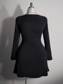 SHEIN ICON Plus Size Square Neck Vintage Y2K Cable Knit Fitted Waist A-Line Dress, Back To School Outfit, Autumn Dress - Grey - View 2