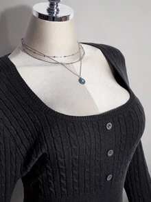 SHEIN ICON Plus Size Square Neck Vintage Y2K Cable Knit Fitted Waist A-Line Dress, Back To School Outfit, Autumn Dress - Grey - View 7