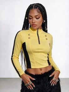 Gowayae Gowayae Camiseta de manga larga estilo americano con bloques de color, cuello alto, cremallera, botones dorados y ribete lateral, corte corto - Amarillo - Ver 6
