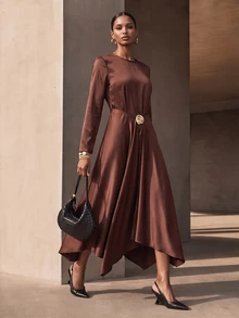 Vesra Satin Metal Buckle Wrapped Elegant Women's Long Dress - Coffee Brown - View 5