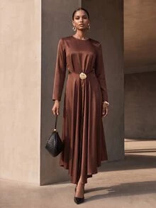 Vesra Satin Metal Buckle Wrapped Elegant Women's Long Dress - Coffee Brown - View 3
