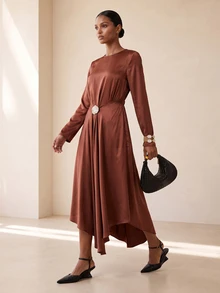 Vesra Satin Metal Buckle Wrapped Elegant Women's Long Dress - Coffee Brown - View 4